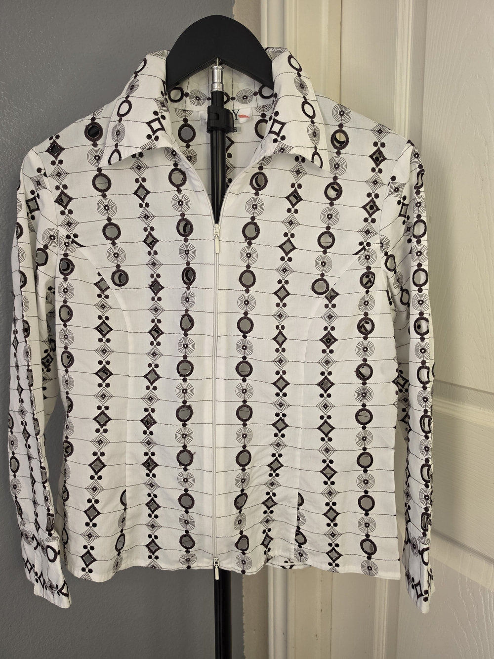 VTG D & Y White Cotton Eyelet Zip-Up Shirt Jacket Geometric Boho Size Small